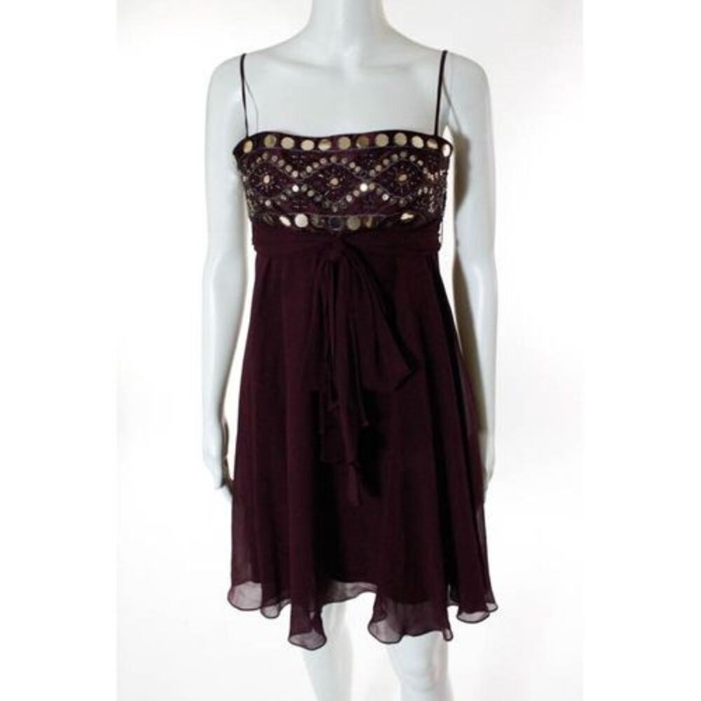 BCBG Max Azria Burgundy Silk Metal Bead Detail Empire Waist Dress Size 4
